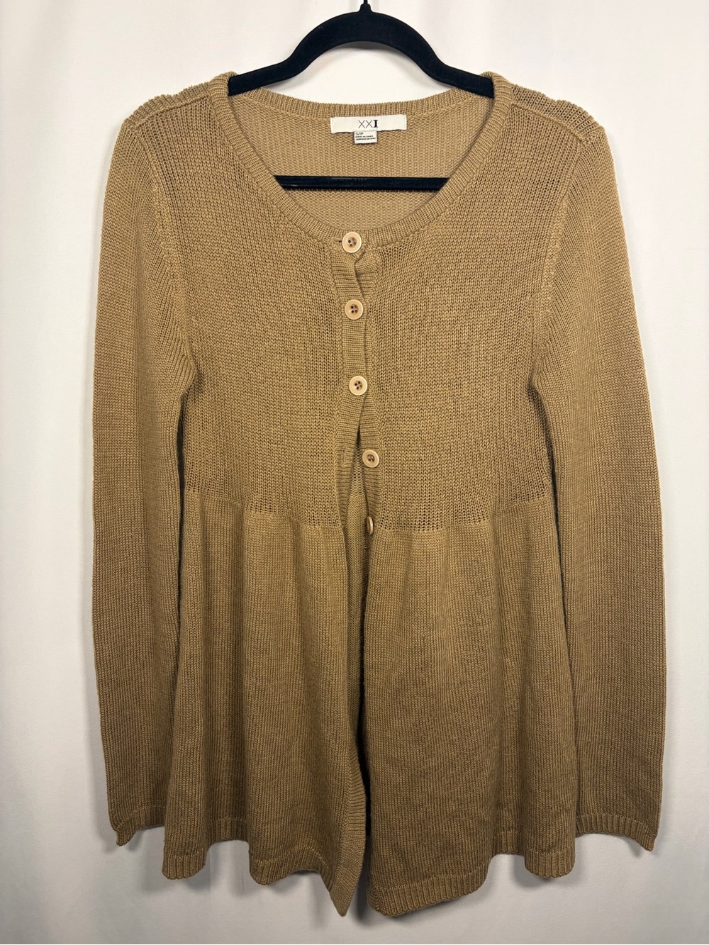 Vintage XXI Forever 21 Camel Knit Whimsigoth Babydoll Peplum Cardigan Sweater